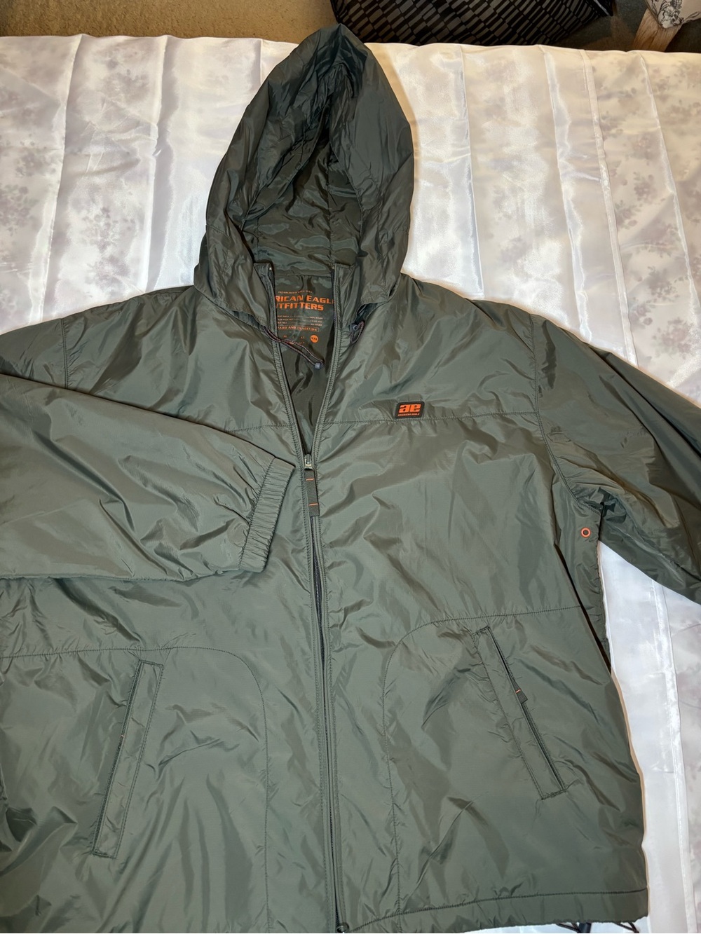 American Eagle Outfitters Olive Hooded Windbreaker Jacket with Orange Accents
